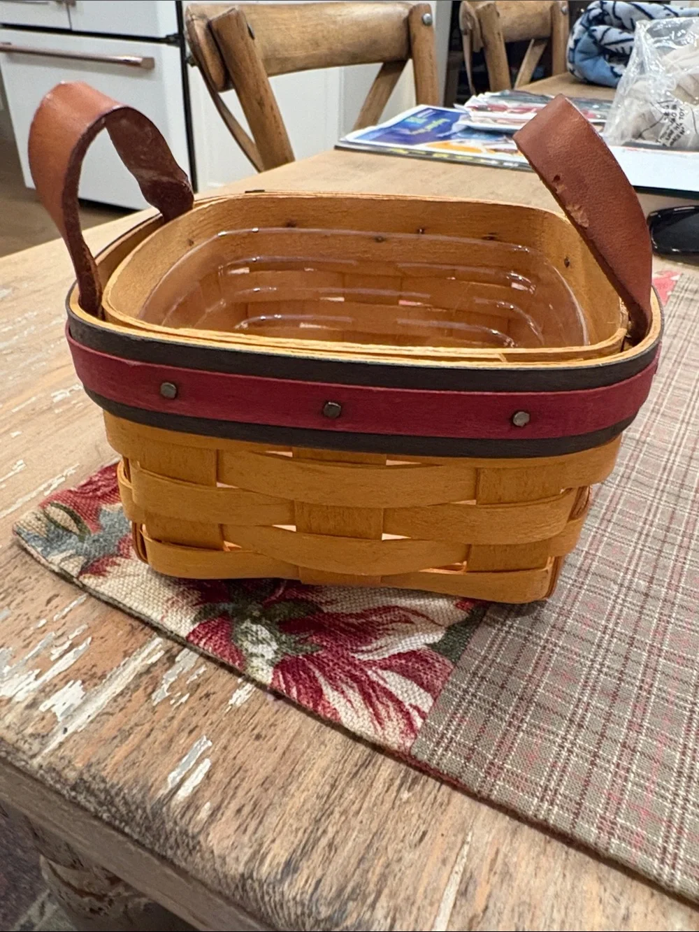 Longerberger Handwoven Square Storage Basket with Leather Handles - Brown